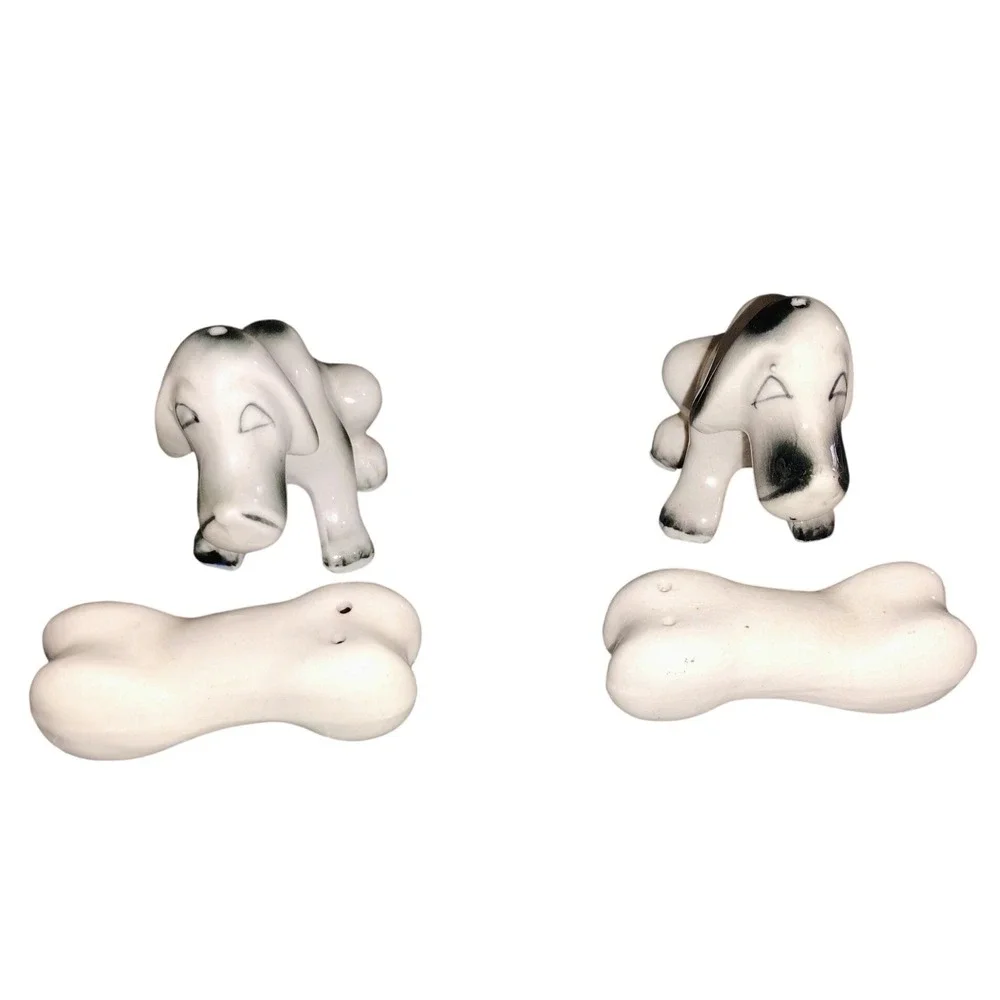 Vintage Japan Dog Salt & Pepper Shakers Bone Stoppers Mid Century Ceramic